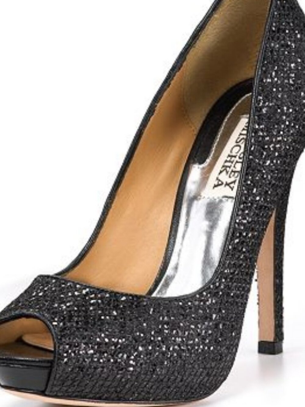 Womens Badgley Mischka Humbie Black Sequin Platform Peep Toe Heels 9